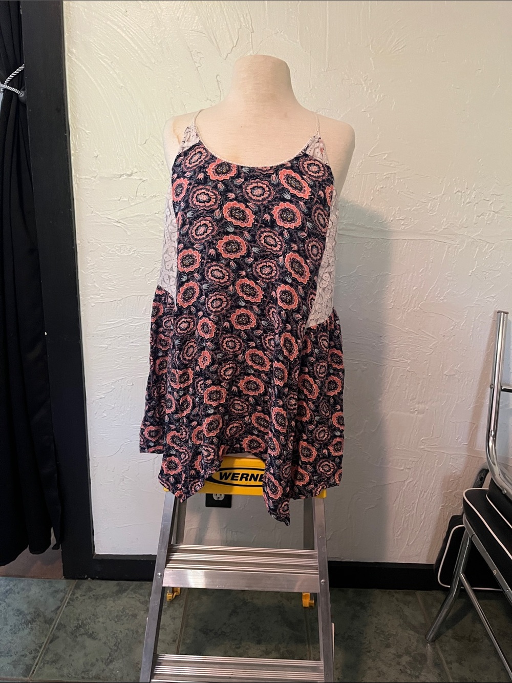 Xhilaration Black and Pink Floral Asymmetrical Spaghetti Strap Dress
